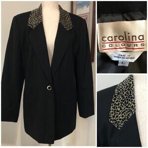 VTG 90s Wool Blazer Black Leopard Print Collar L Statement Quiet Luxury Jacket